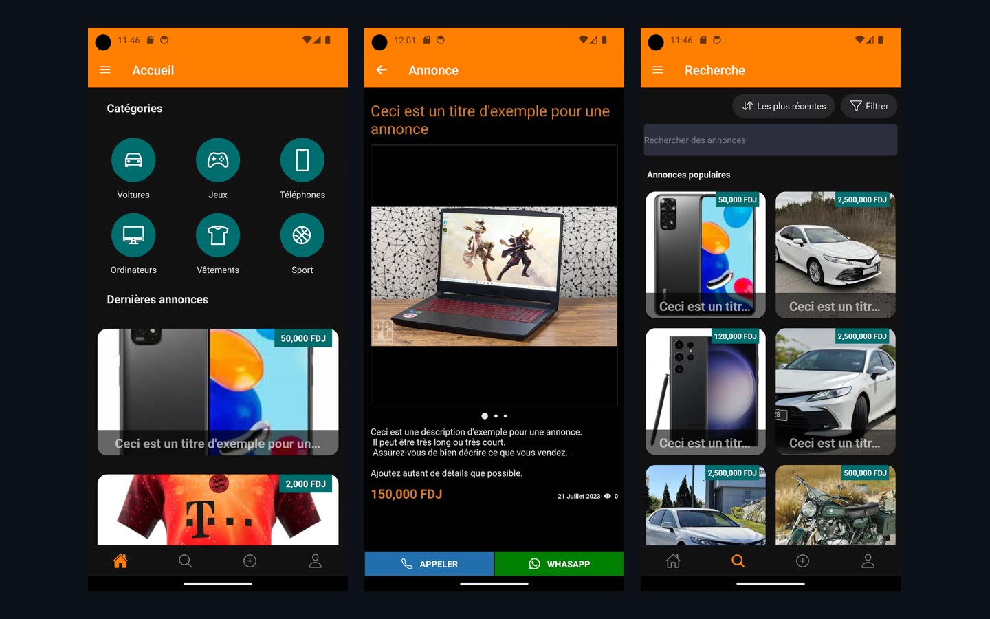 Aaway — écrans de l'application : accueil, détail d'annonce et recherche